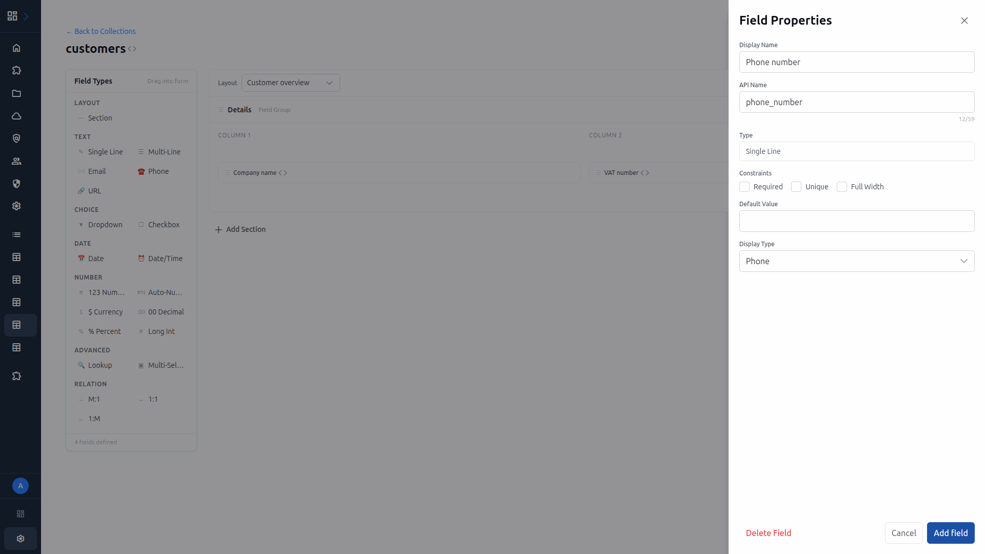 AlcedoCore admin panel adding a field to a collection
