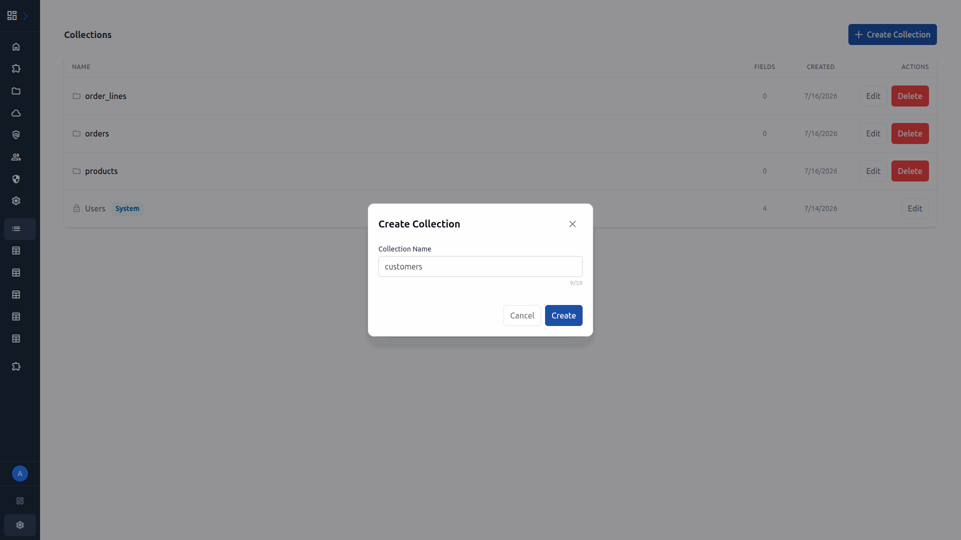 Create collection dialog
